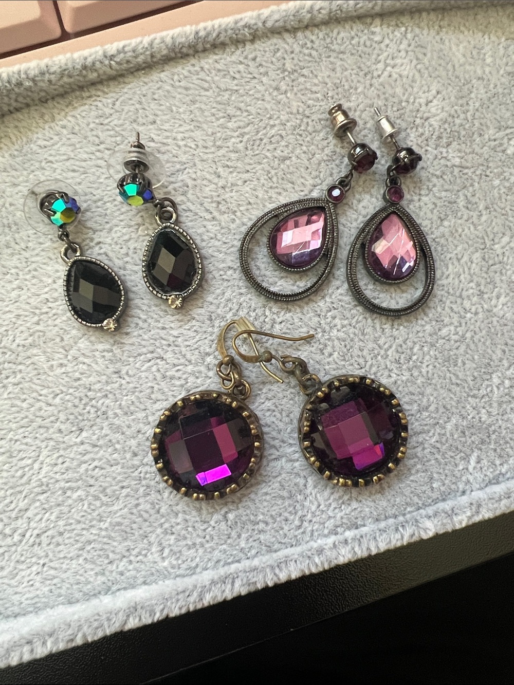 Three Pairs of vintage Purple and Black Crystal Drop Earrings -  Fashion Set